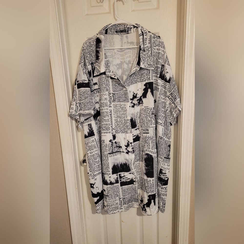 Shein Black and White Newspaper Print Shirt Dress